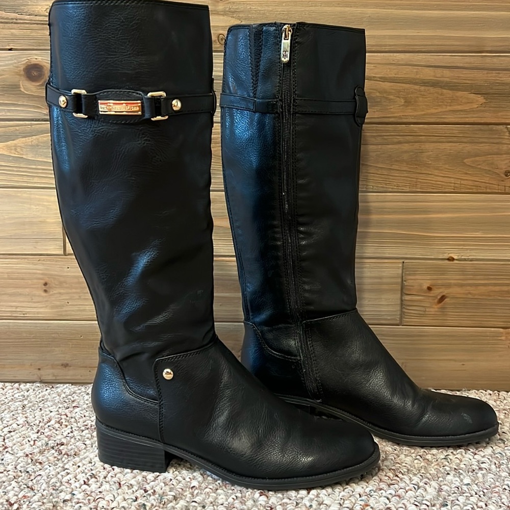 Tommy Hilfiger Black Leather Knee-High Riding Boots